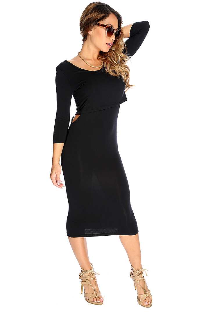 Sexy Black Overlay Top Cut Out Quarter Sleeves Party Bodycon Dress