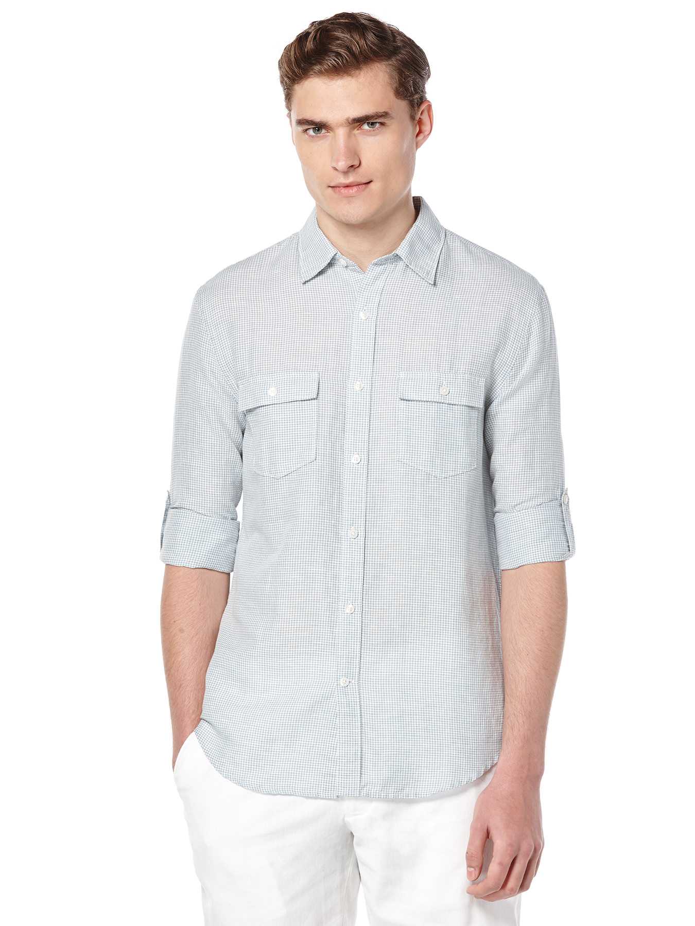 Perry Ellis Double Pocket Roll Sleeve Linen Shirt