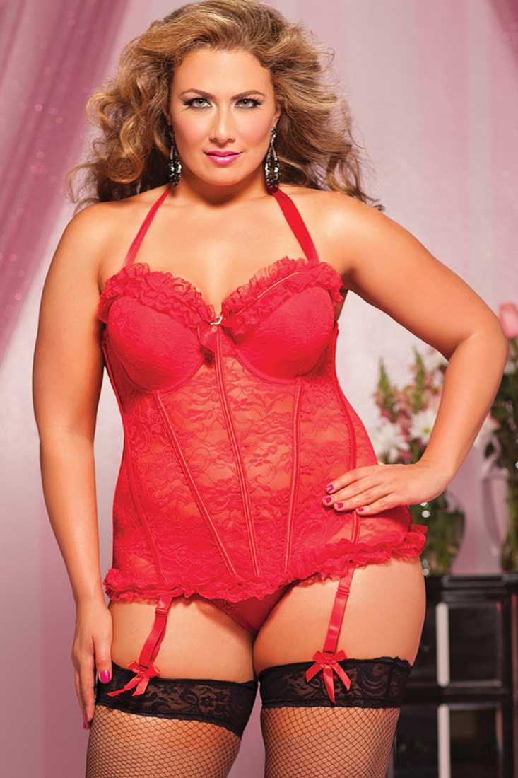 Red Some Like It Hot Sexy Bustier Thong Intimates Set Plus Size