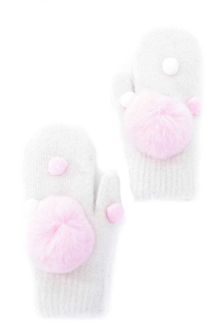 Pink White Knitted Fax Fur Arm Cuffs