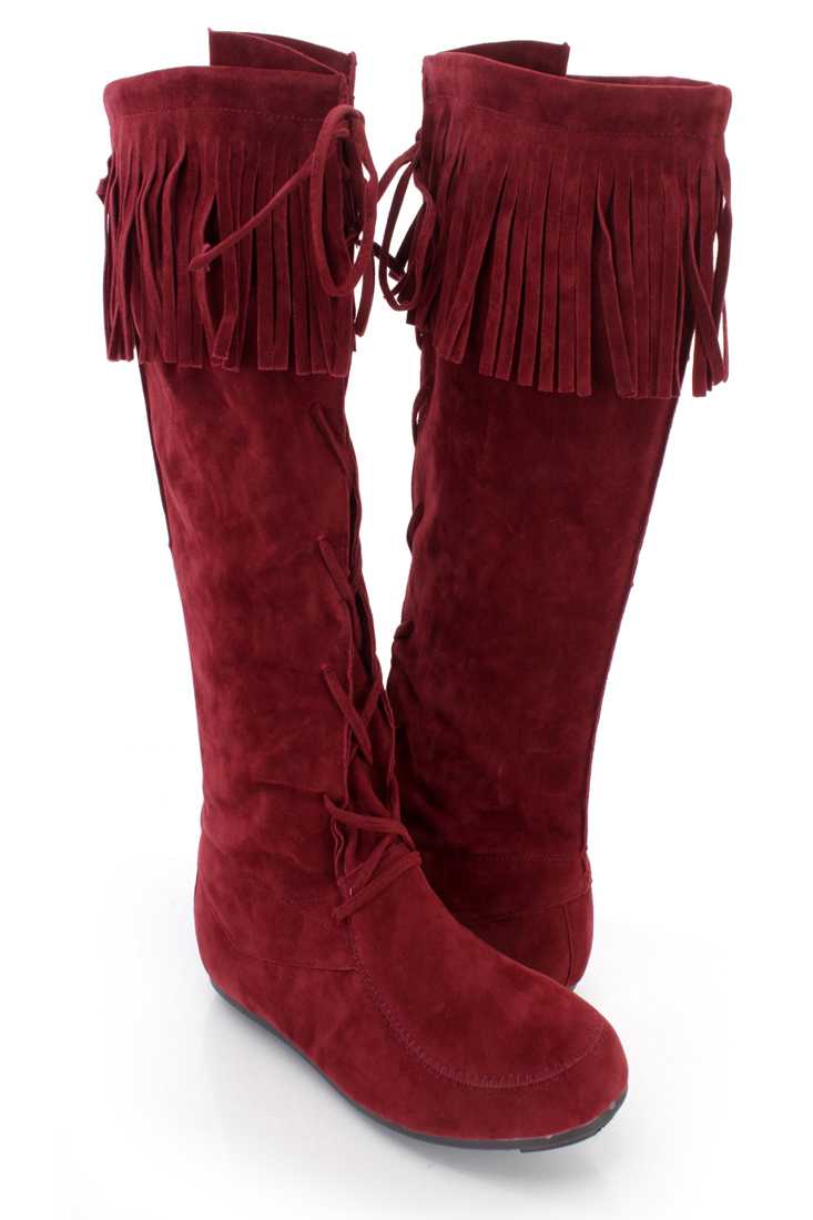 Burgundy Fringe Trim Lace Up Moccasin Boots Faux Suede