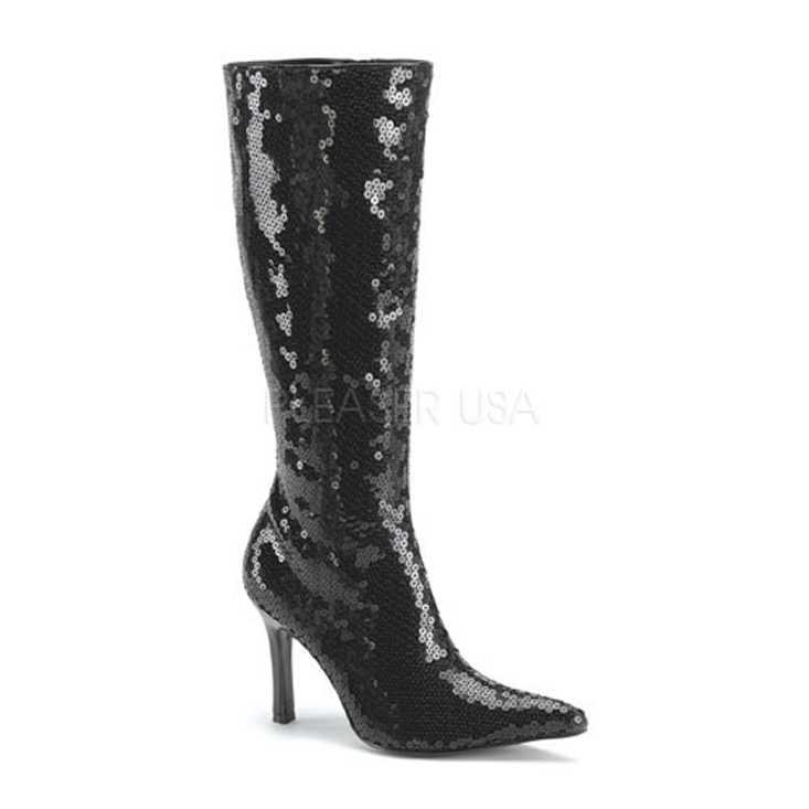 Black Sequin Pointed Toe Knee High Boots