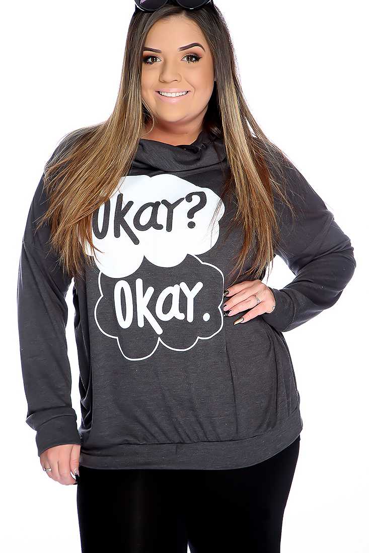 Charcoal Graphic Design Cowl Neck Plus Size Sweater