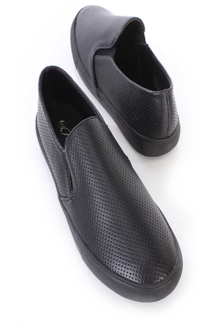 Black Perforated Loafer Sneaker Flats Faux Leather