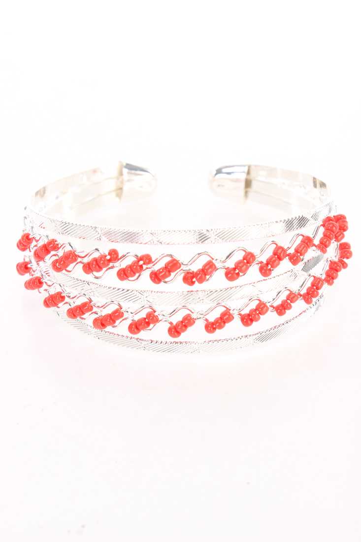 Red Orange Silver Beaded Cut Out Cuff Bracelet
