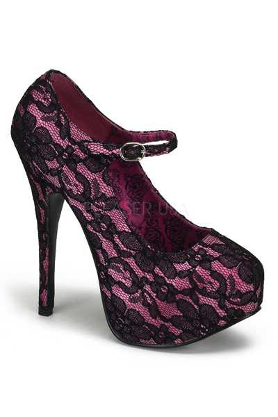 Hot Pink Black Satin Lace Maryjane High Heels