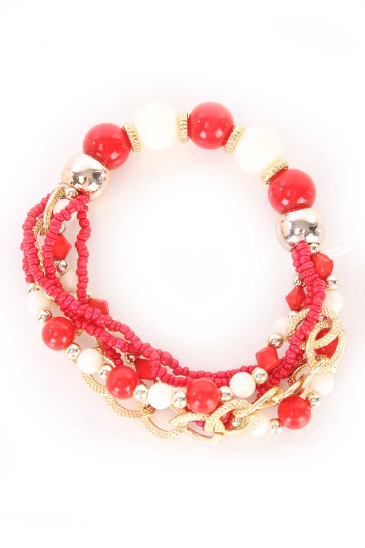 Red Beaded Design High Polish Chain Link Accent Layered Bracelet