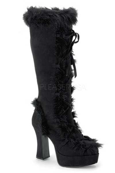 Black Microfiber Fur Trim Lace Up Heel Boots