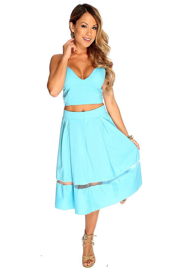 Aqua Cropped Sheer Striped Sexy Midi 2 Piece Dress