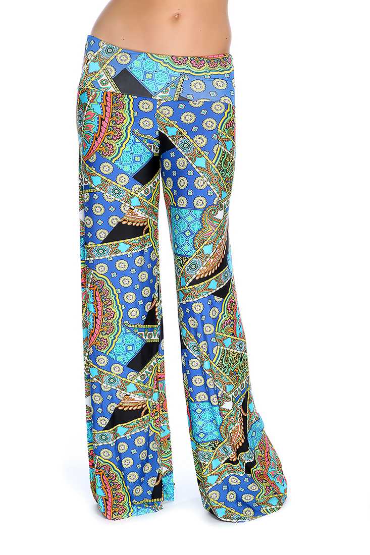 Royal Blue Yellow Moroccan Print Wide Leg Cute Casual Pants