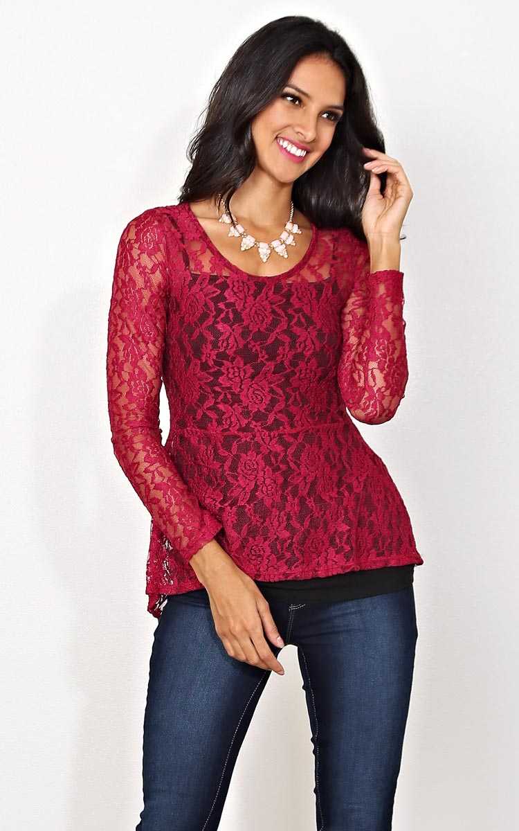 Kayla Lace Peplum Top - - Burgundy in Size by Styles For Less