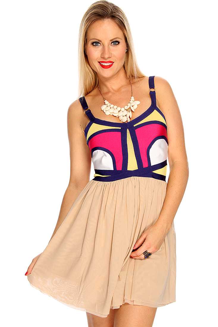 Navy Tan Sleeveless Bandage Cute Casual Sun Dress by Wow Couture