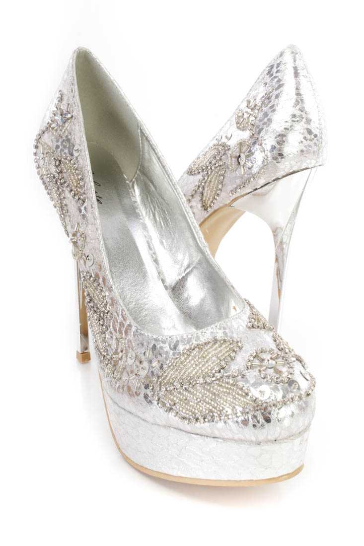 Silver Beaded Detailed Pump Heels Faux Leather