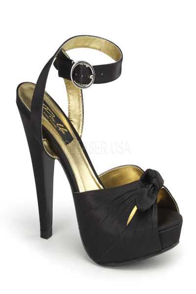 Black Satin Fabric Knotted Strapped Peep Toe High Heels