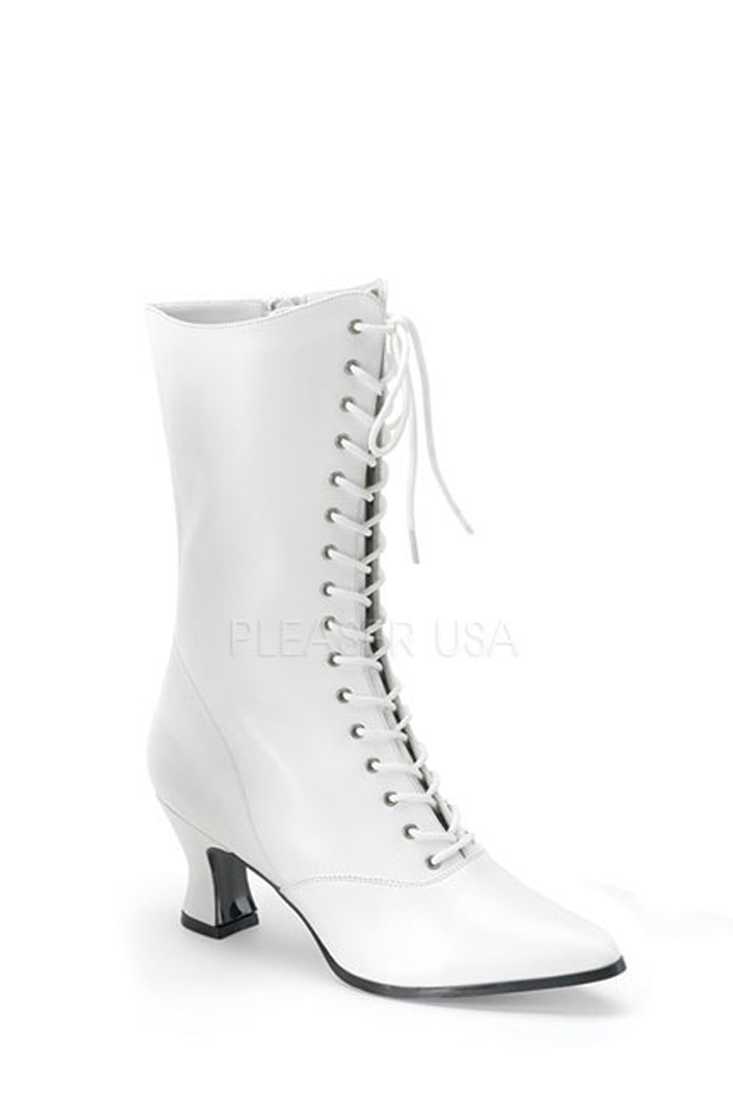 White Lace Up Mid Calf Victorian Boots Faux Leather