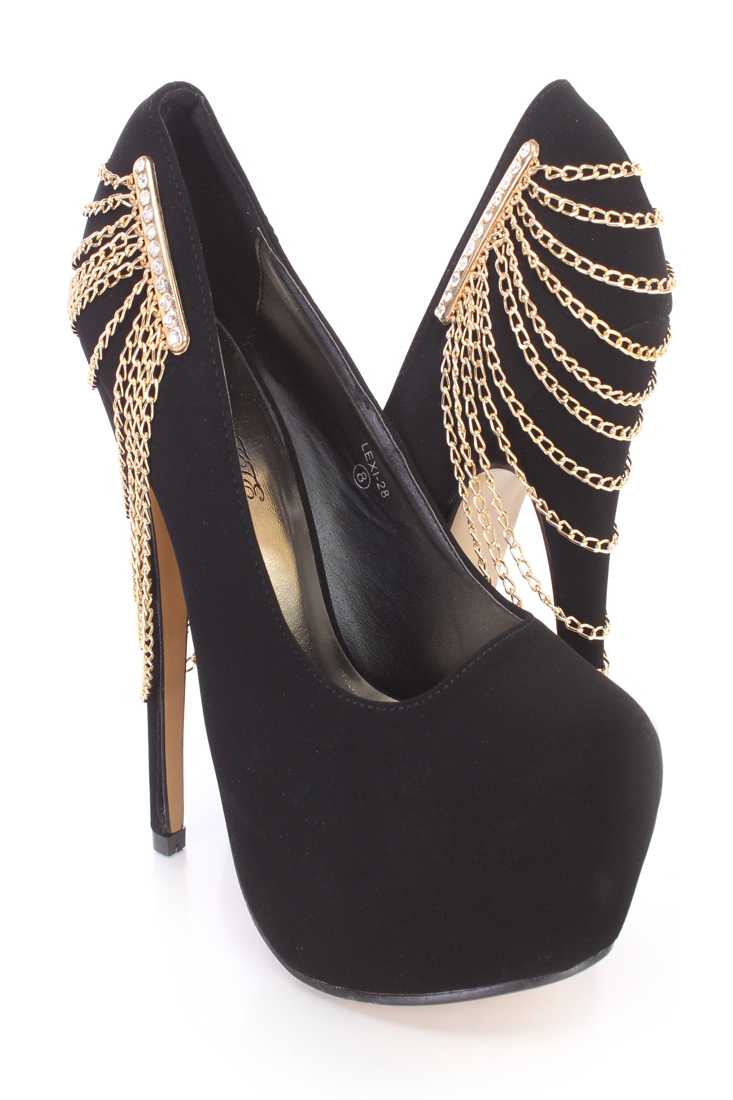 Black Chain Draped Platform Pump Heels Nubuck