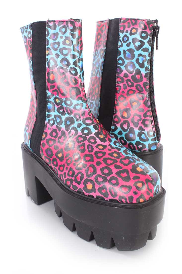 Blue Leopard Traction Sole Platform Booties Faux Leather