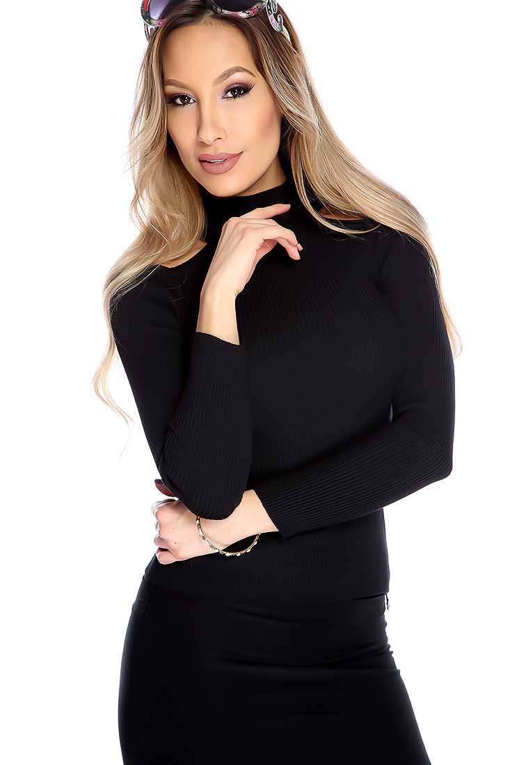 Casual Black Long Sleeves Shoulder Cutouts Top