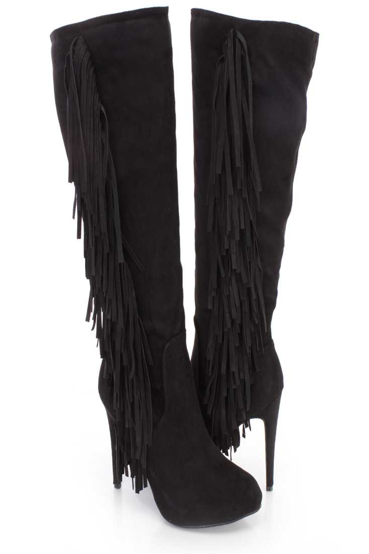 Black Side Fringe Knee High Boots Faux Suede
