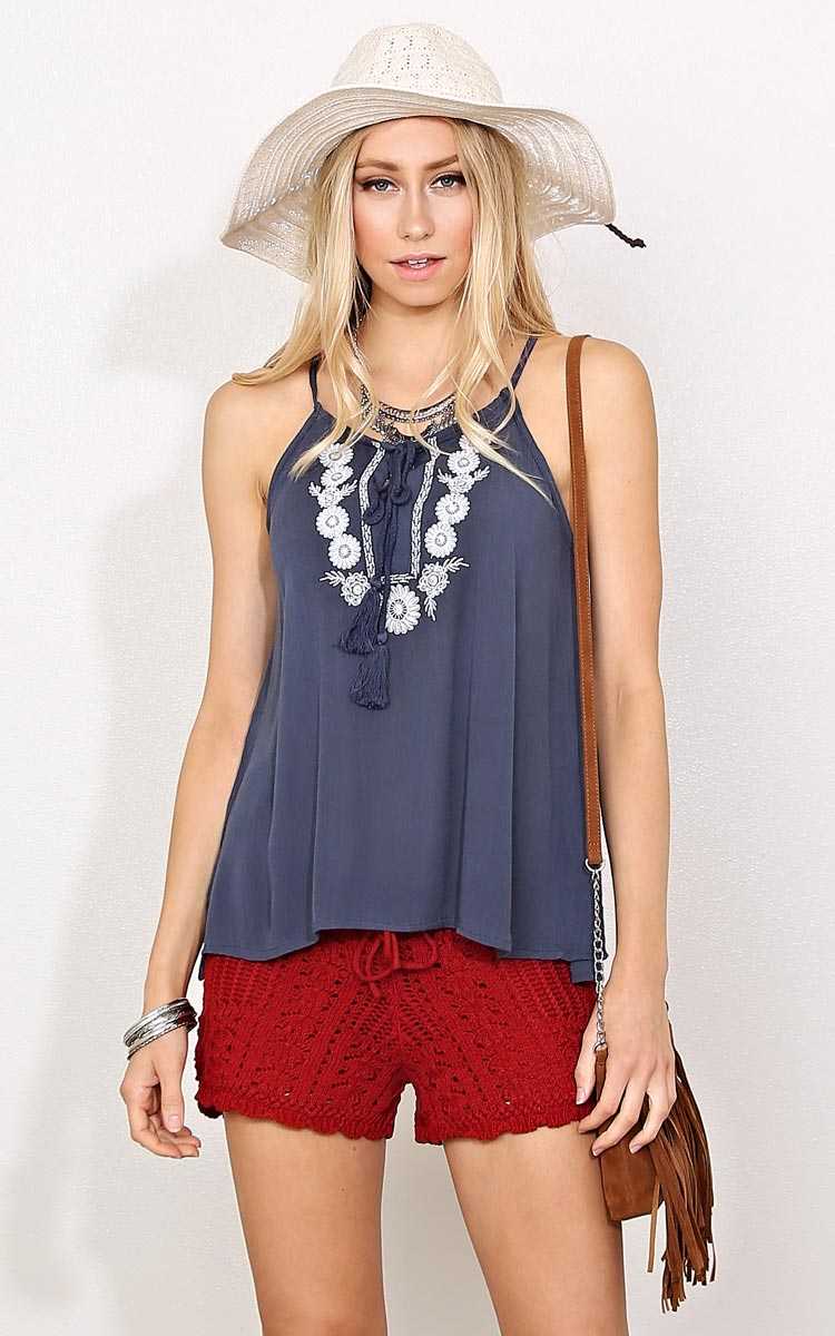 Taylor Embroidered Woven Gauze Tank - Blue in Size by Styles For Less