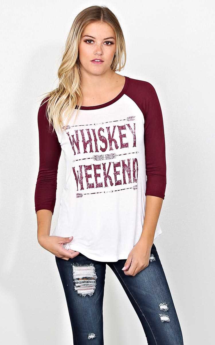 WHISKEY WEEKEND Graphic Knit Raglan - MED - Wine Combo in Size Medium by Styles For Less