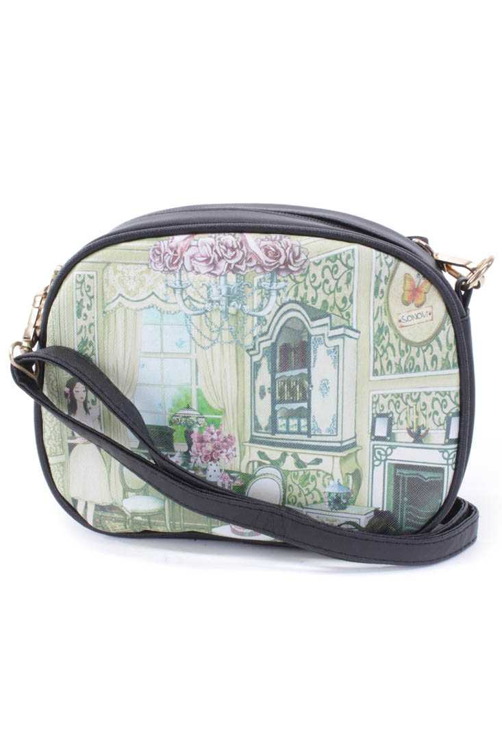 Cream Black Graphic Print Shoulder Handbag
