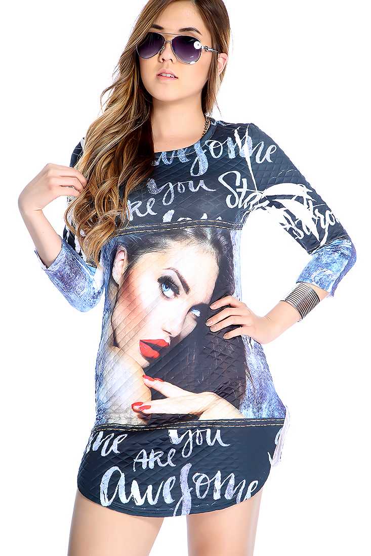 Sexy Black Blue Quarter Sleeve Graphic Print Casual Dress