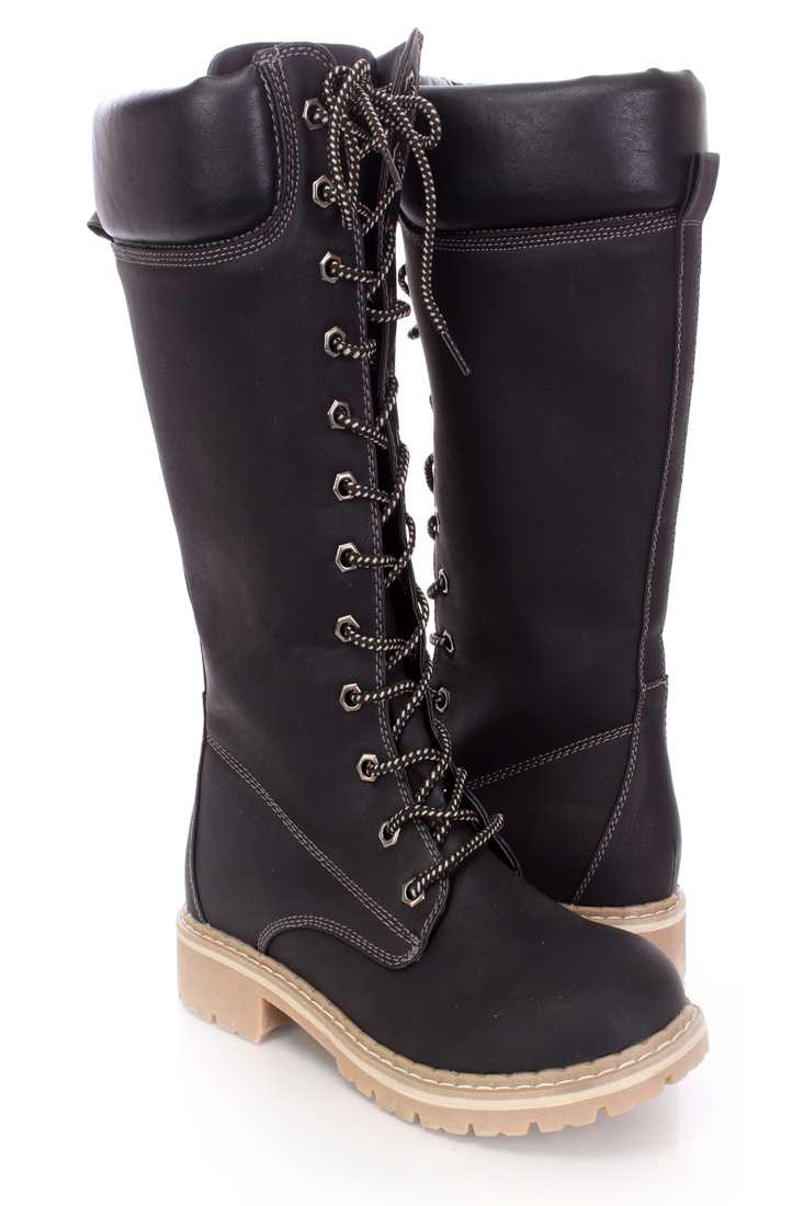 Black Lace Up Mid Calf Boots Nubuck