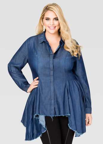 Frayed Hem Peplum Denim Shirt