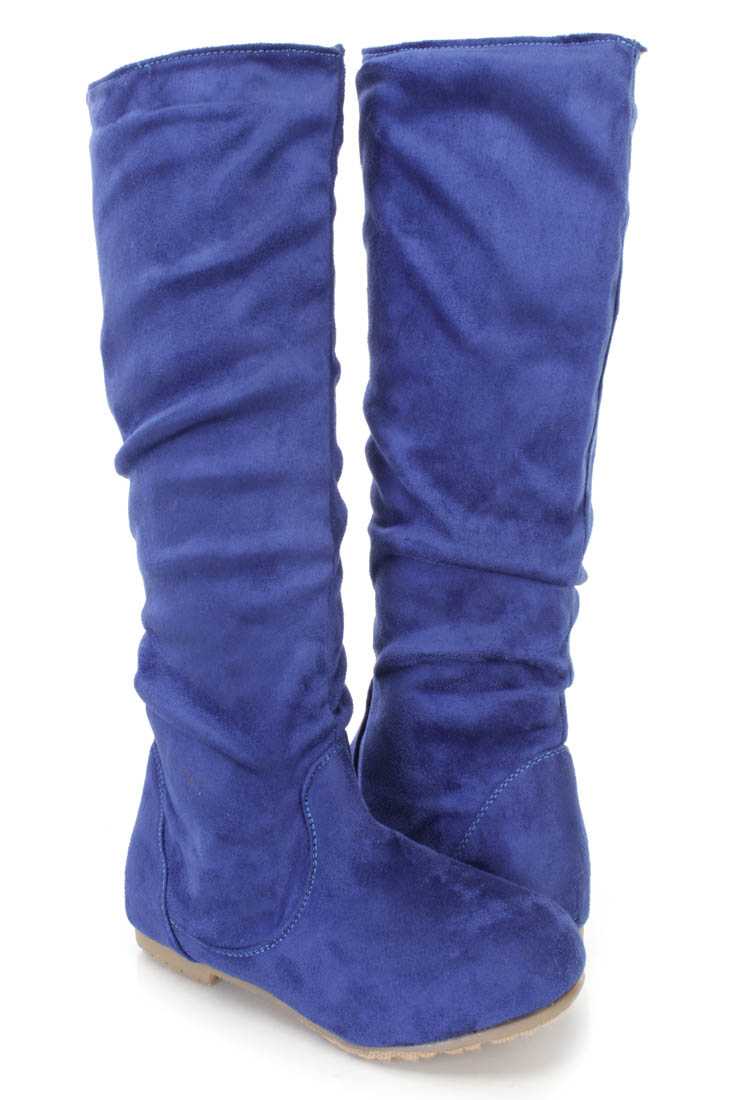 Royal Blue Slouchy Mid Calf Casual Boots Faux Suede