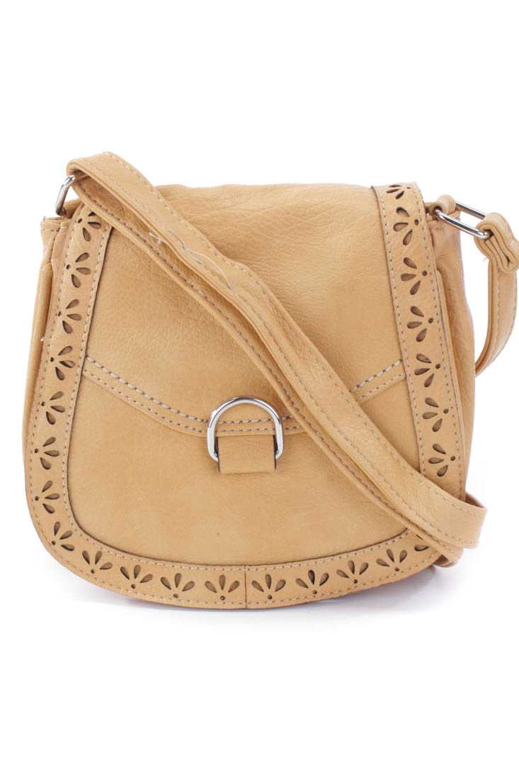 Camel Faux Leather Perforated Shoulder Handbag