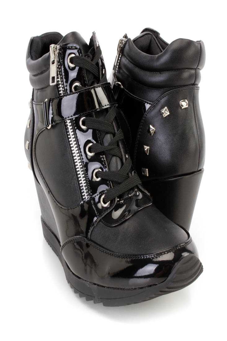 Black Studded Mid Strap Sneaker Wedges Faux Leather
