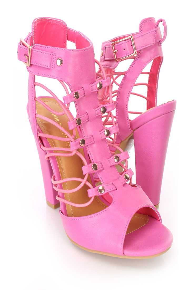 Fuchsia Strappy Peep Toe Single Sole Heels Faux Leather