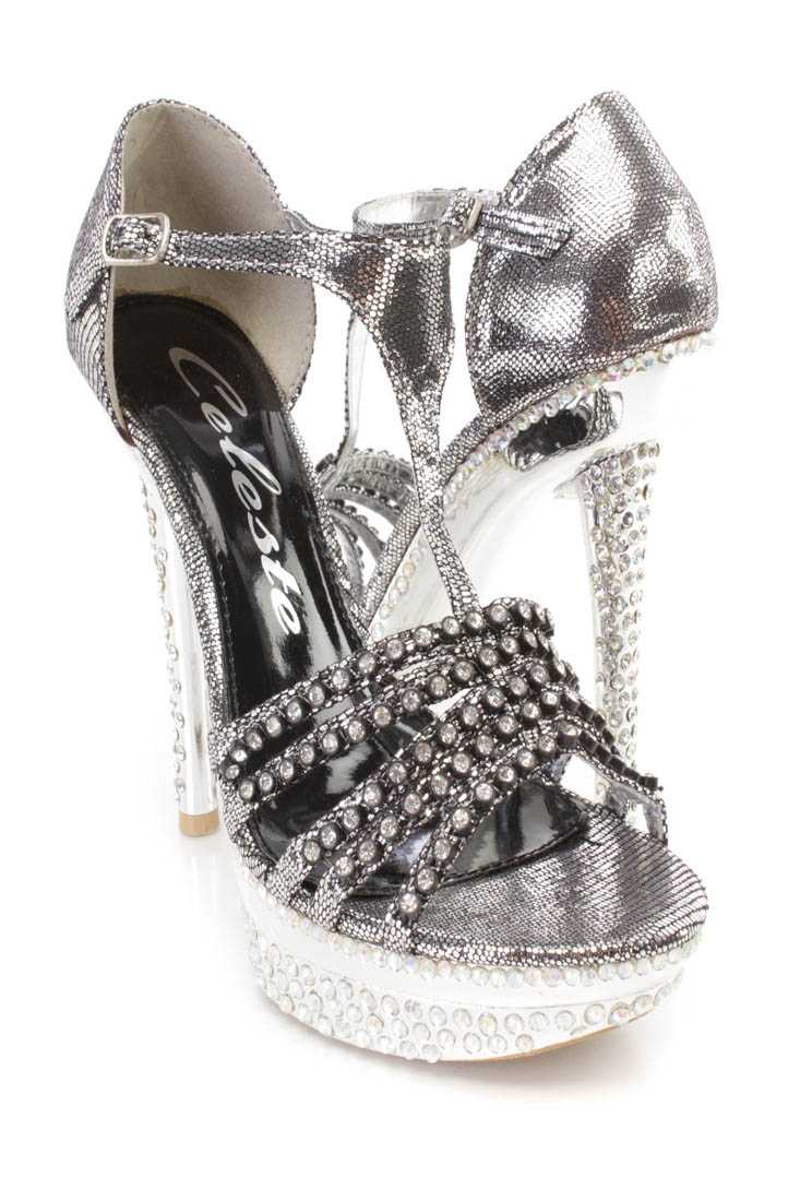 Silver T Strap Rhinestone Platform High Heels Shimmer Fabric