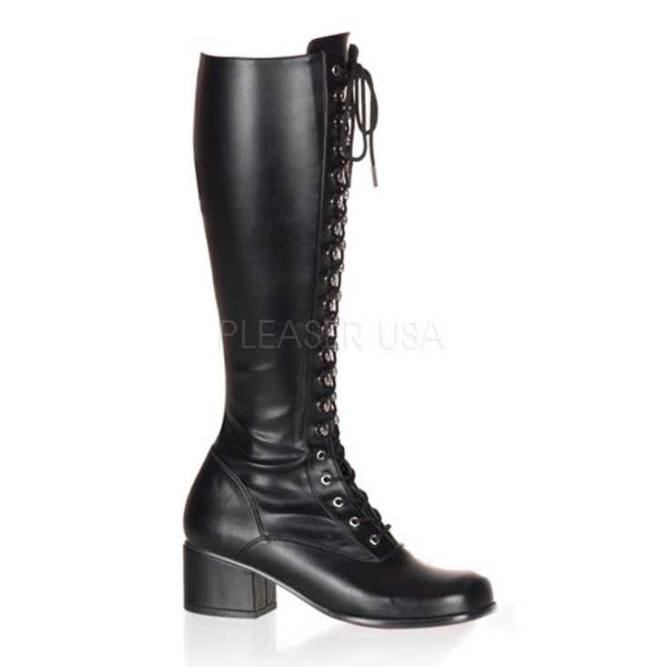 Black Stretch Faux Leather Block Heel Lace Up Boots