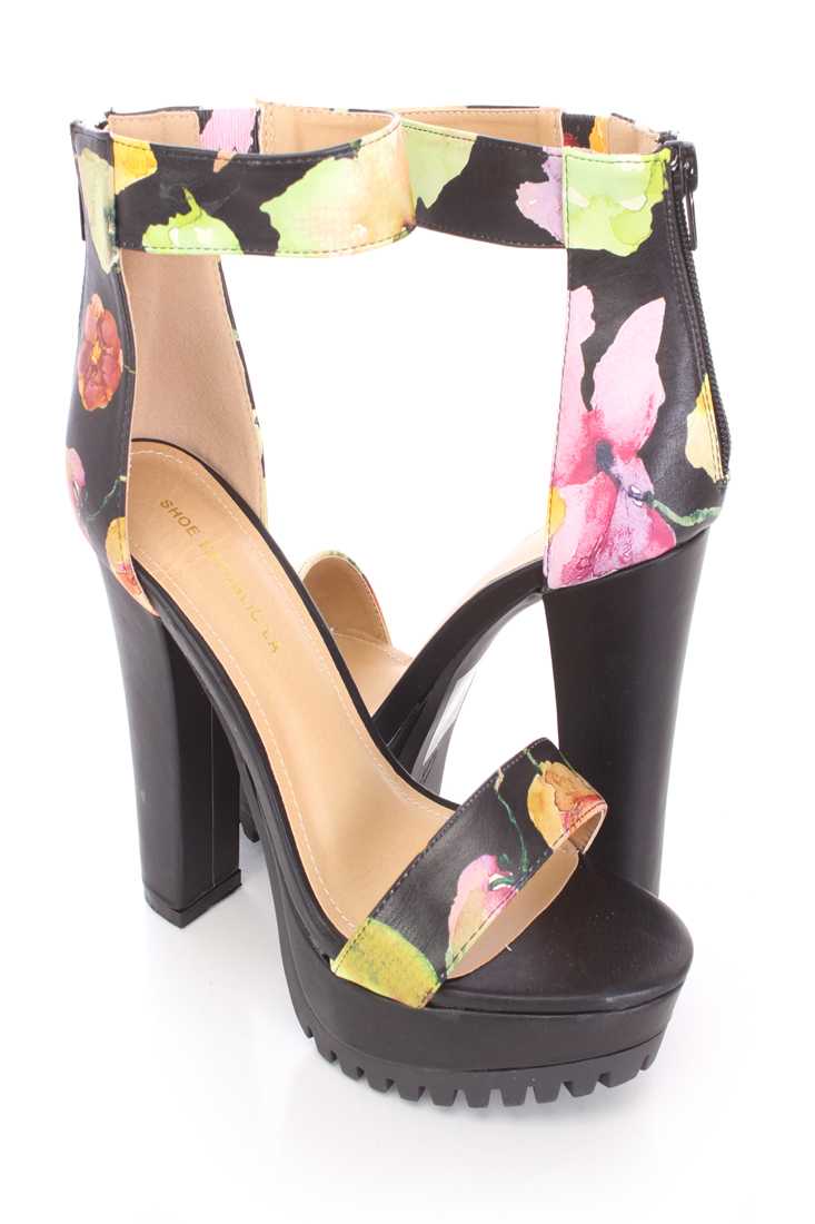 Black Floral Print Chunky Platform Heels Faux Leather