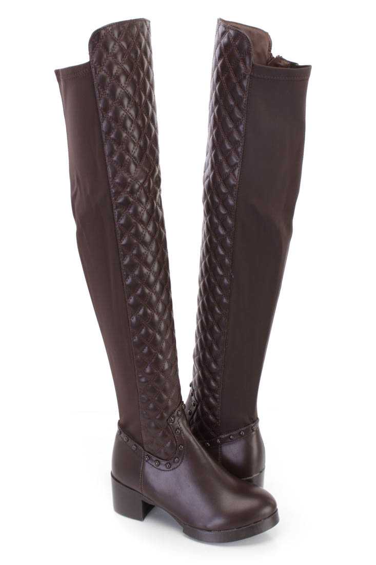 Brown Studded Quilted Thigh High Riding Boots Faux Leather