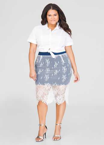 Lace Overlay Denim Skirt