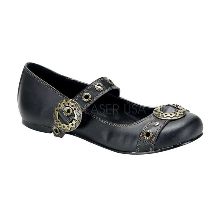 Black Gear Buckle Maryjane Flats Faux Leather