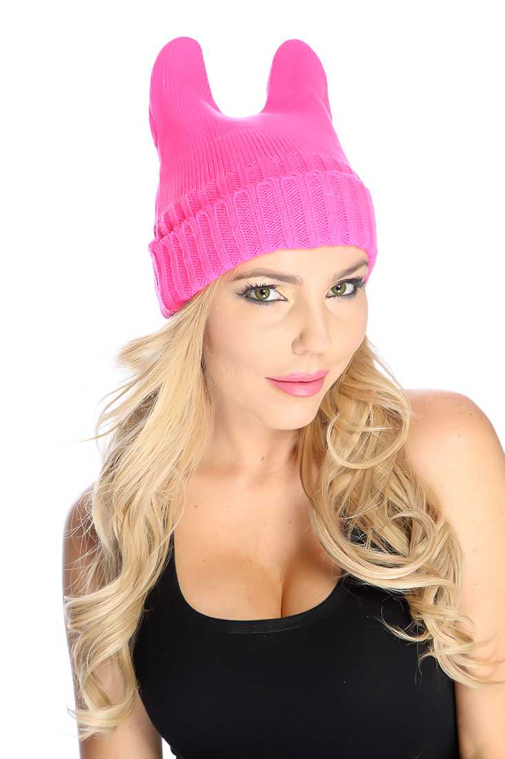 Neon Pink Ribbed Knit Top Ears Beanie