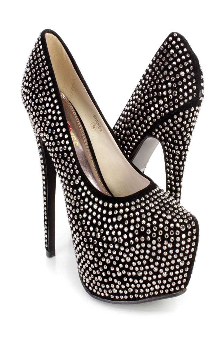 Black Beaded Platform Pump 6 Inch High Heels Faux Suede