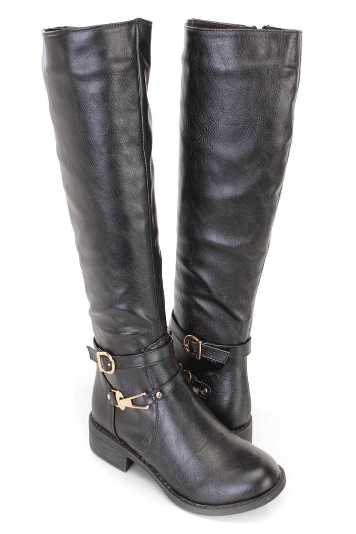 Black Strappy Flat Riding Boots Faux Leather