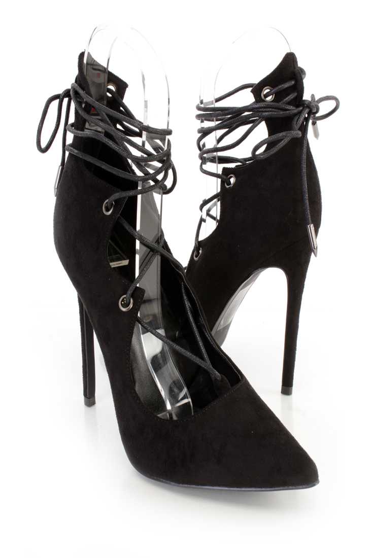 Black Wrap Around Tie Single Sole High Heels Faux Suede