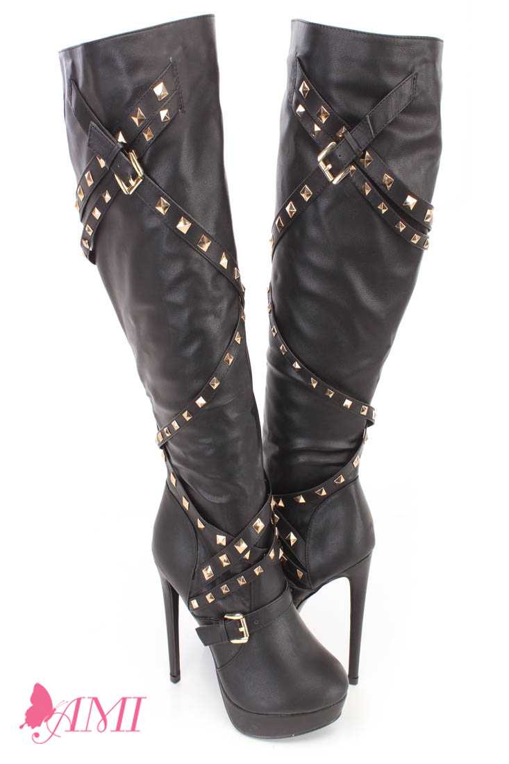 Black Studded Strappy High Heel Boots Faux Leather
