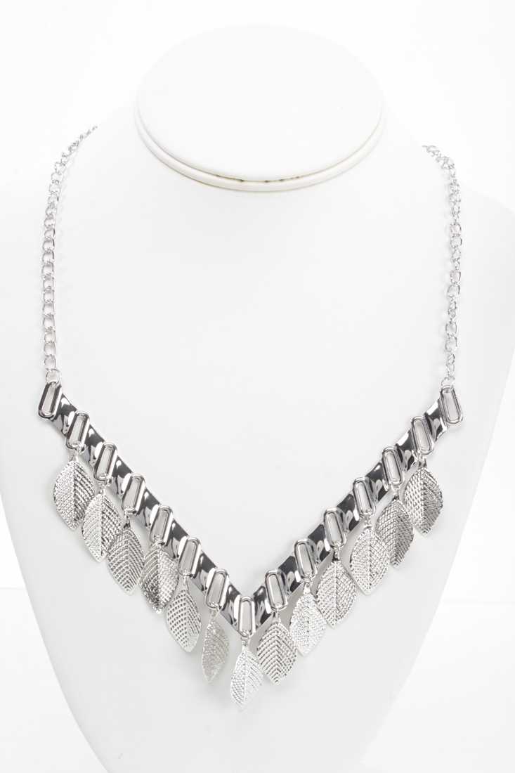 Silver V-Shape Leaf Charm Necklace