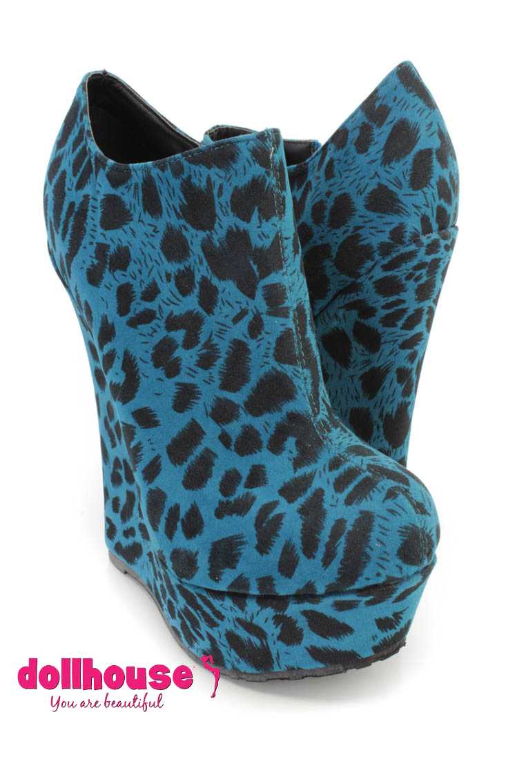 Blue Leopard Print Wedge Ankle Booties Faux Suede