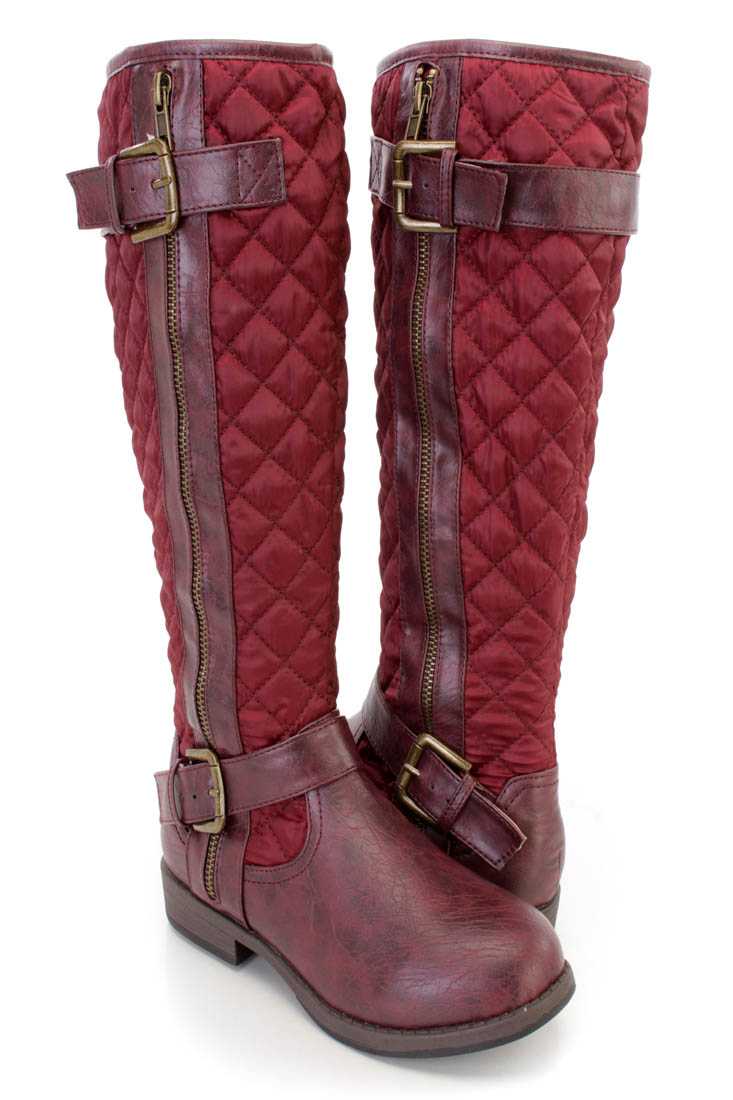 Wine Stitched Quilted Strappy Riding Boots Nylon