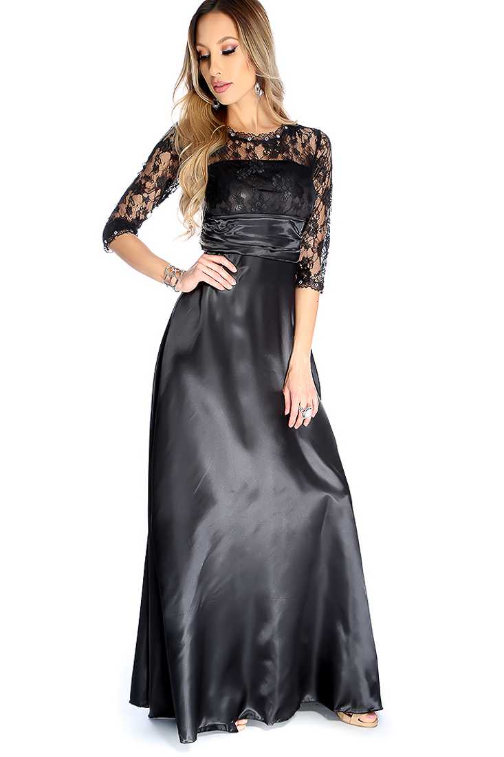 Sexy Black Rhinestone Trimmed Lace Quarter Sleeve Maxi Party Dress