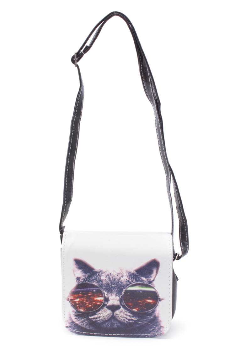White Faux Leather Cat Print Mini Handbag