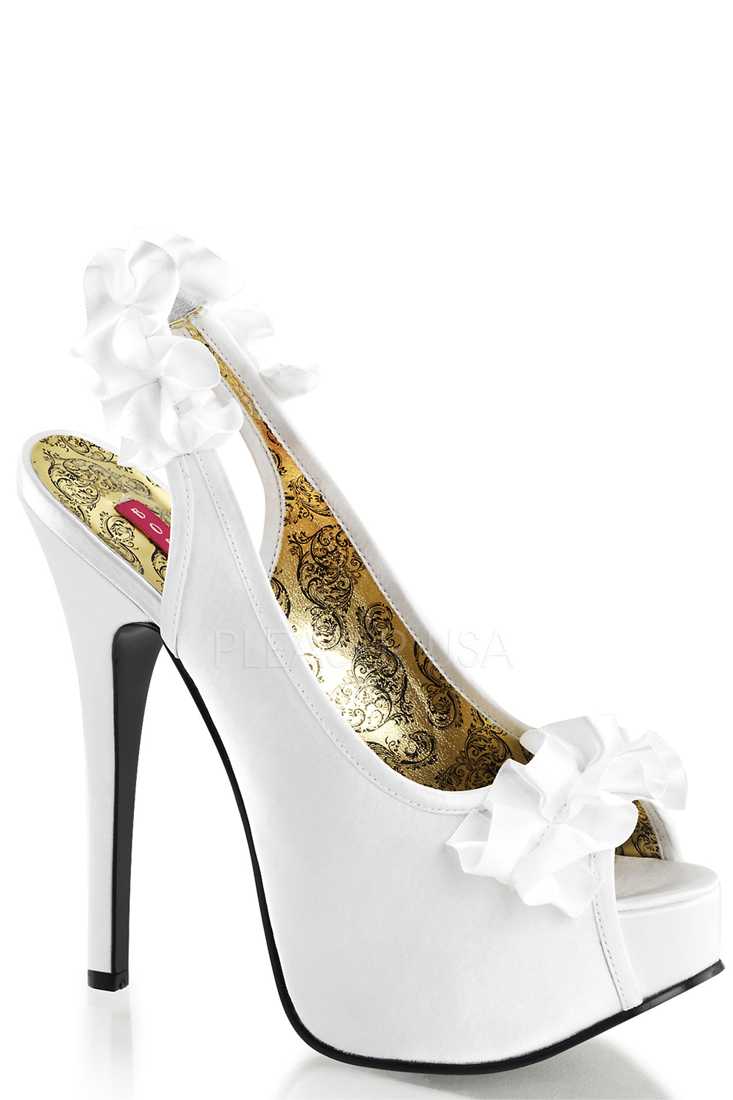 White Ruffle Detailed Slingback Platform High Heels Satin